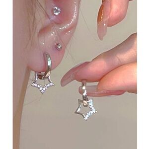 Stainless Steel Crystal Star Drop Earrings Dainty Hug Hoop Dangle Pendant Charm
